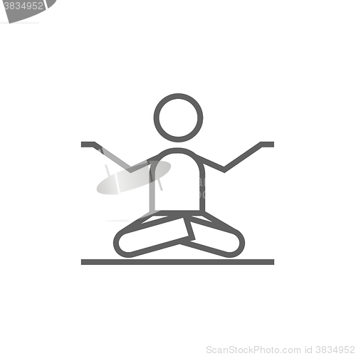 Image of Man meditating in lotus pose line icon.