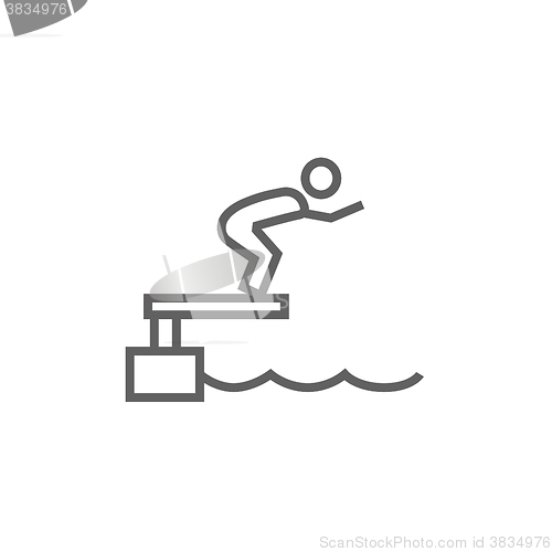 Image of Swimmer jumping from starting block in pool line icon.