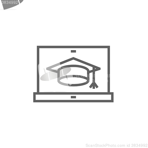 Image of Laptop with graduation cap on screen line icon.