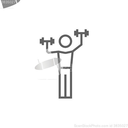 Image of Man exercising with dumbbells line icon.