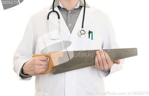 Image of Crazy doctor is holding a big saw in his hands