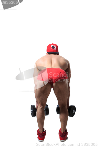 Image of Muscular bodybuilder guy doing exercises with dumbbells isolated over white. back