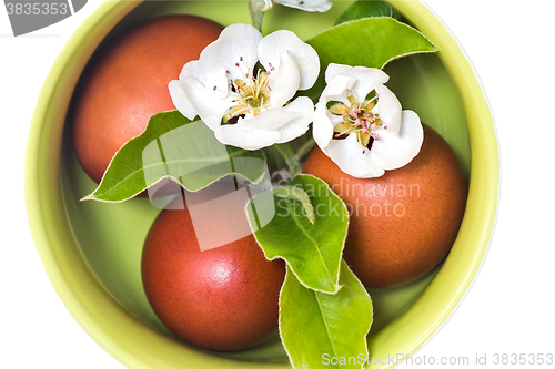 Image of Easter eggs in a ceramic vase on a white background.