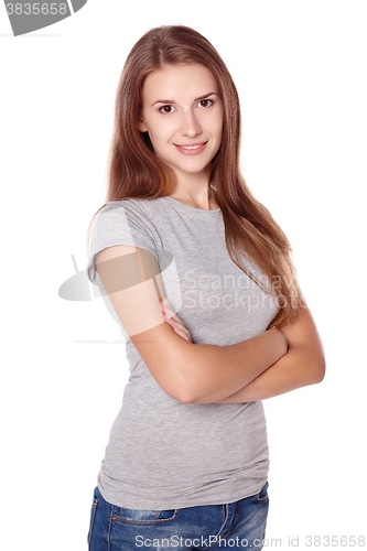 Image of beauty woman portrait of teen girl beautiful cheerful enjoying with long brown hair and clean skin isolated on white background