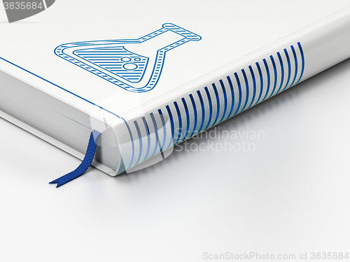 Image of Science concept: closed book, Flask on white background