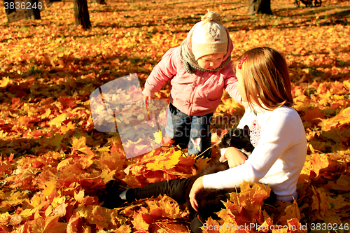 Image of little sisters play with their cat in the autumn park