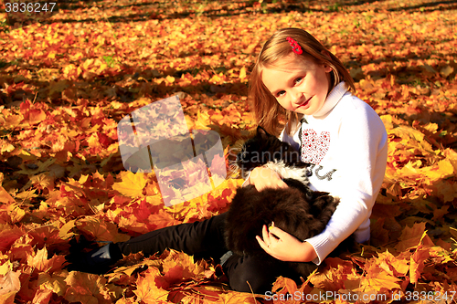 Image of little girl plays with her cat in the autumn park