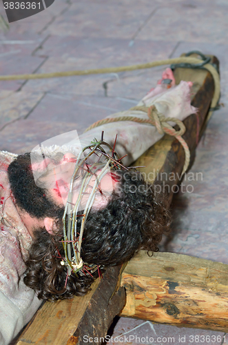 Image of GALATI, ROMANIA 04.2014- Jesus on cross, on the way to his cruci