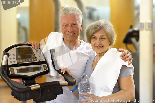 Image of senior couple exercising in gym