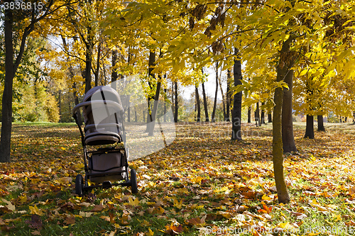 Image of pushchair ,  autumn season.