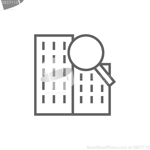 Image of Condominium and magnifying glass line icon.