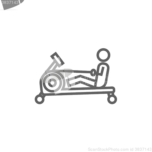 Image of Man exercising with gym apparatus line icon.