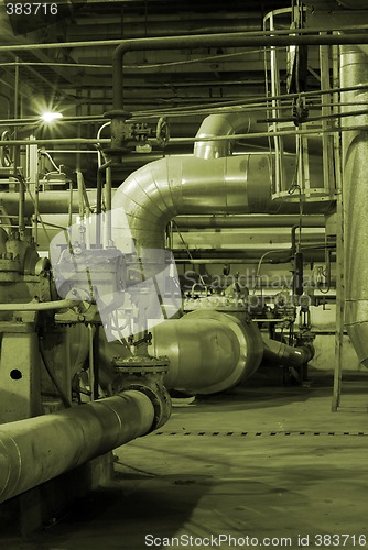 Image of Pipes and tubes and chimney at a power plant