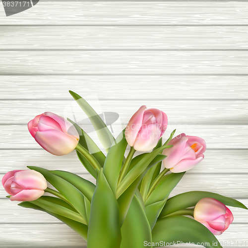 Image of Beautiful pink tulips on wooden background. EPS 10 