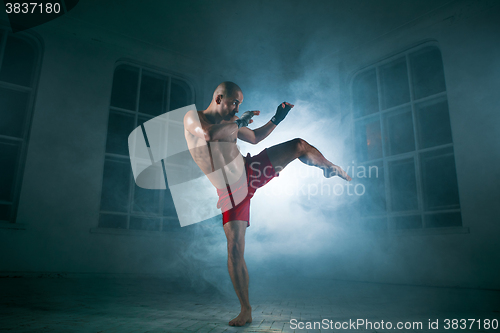 Image of The young man kickboxing in blue smoke