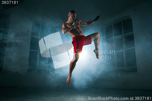 Image of The young man kickboxing in blue smoke