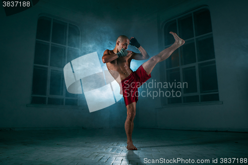 Image of The young man kickboxing in blue smoke
