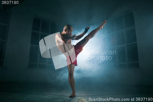 Image of The young man kickboxing in blue smoke