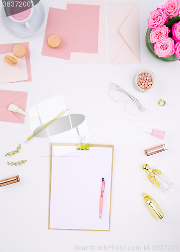 Image of Still life of fashion woman, objects on white