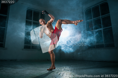 Image of The young man kickboxing in blue smoke