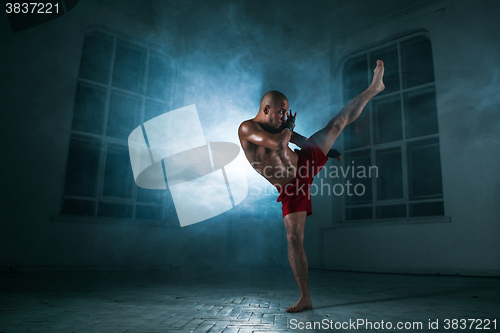 Image of The young man kickboxing in blue smoke