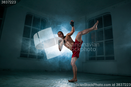 Image of The young man kickboxing in blue smoke