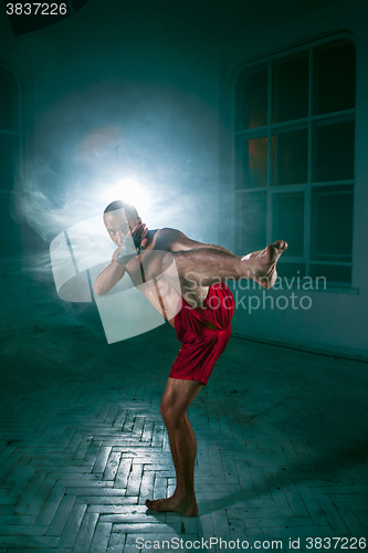 Image of The young man kickboxing in blue smoke