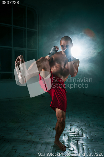 Image of The young man kickboxing in blue smoke