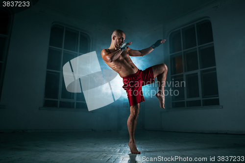 Image of The young man kickboxing in blue smoke