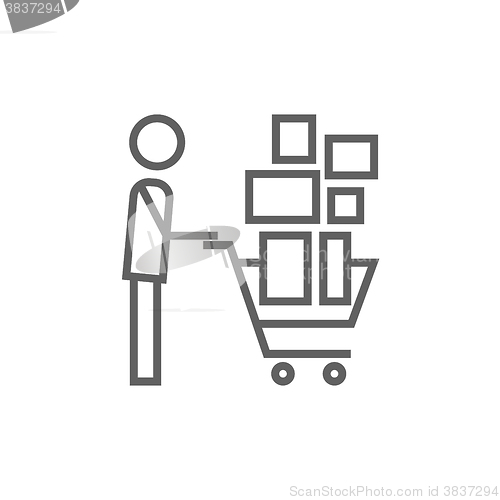 Image of Man pushing shopping cart line icon.