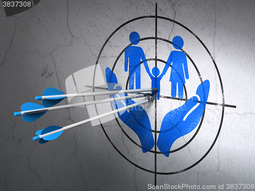 Image of Insurance concept: arrows in Family And Palm target on wall background