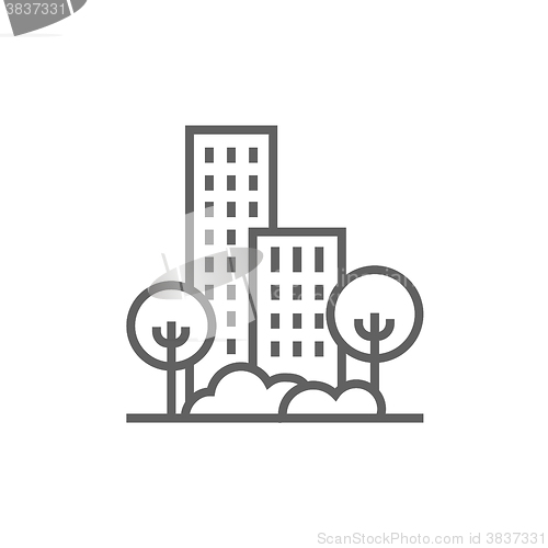 Image of Residential building with trees line icon.