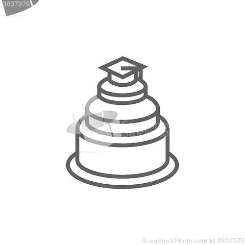 Image of Graduation cap on top of cake line icon.