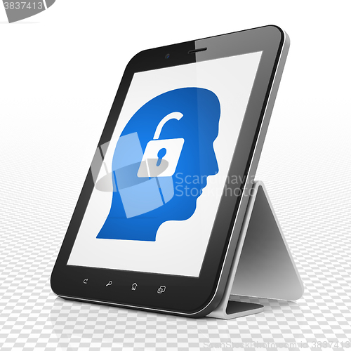 Image of Business concept: Tablet Computer with Head With Padlock on display