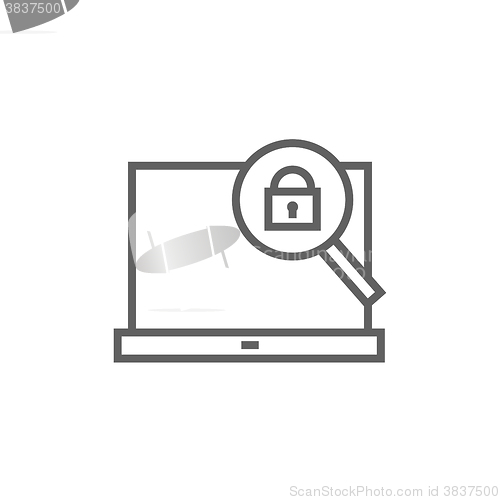 Image of Laptop and magnifying glass line icon.