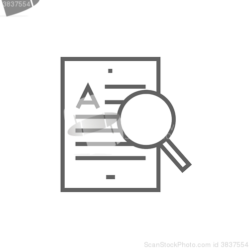 Image of Tablet and magnifying glass line icon.