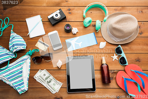 Image of close up of tablet pc and travel stuff