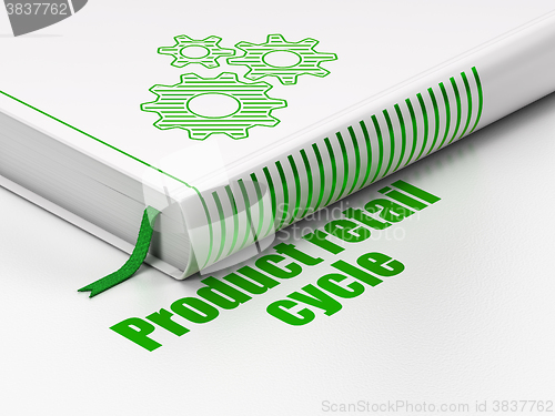 Image of Advertising concept: book Gears, Product retail Cycle on white background