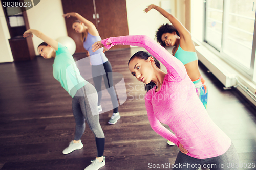 Image of group of happy women working out in gym