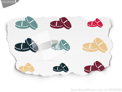Image of Health concept: Pills icons on Torn Paper background