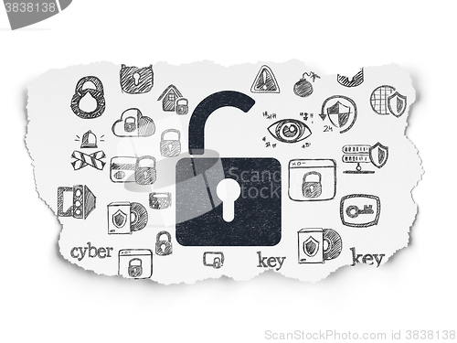 Image of Protection concept: Opened Padlock on Torn Paper background