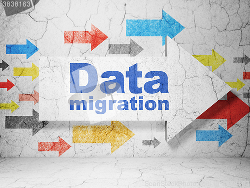 Image of Information concept: arrow with Data Migration on grunge wall background