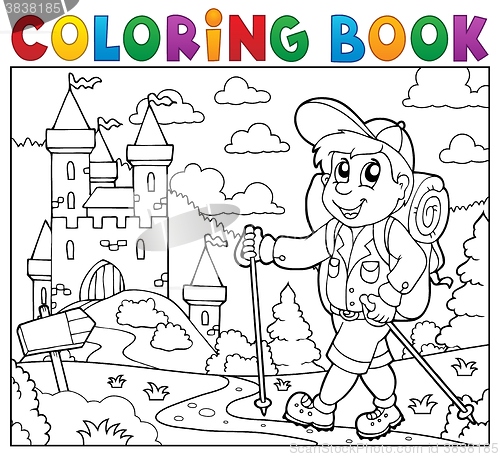 Image of Coloring book hiker near castle