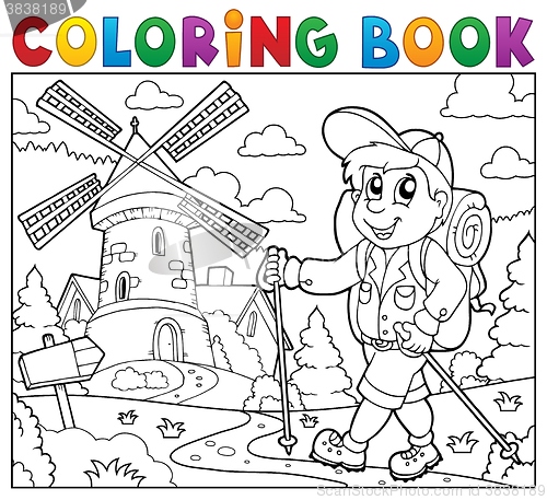 Image of Coloring book hiker near windmill