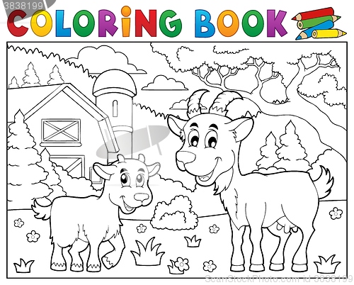 Image of Coloring book happy goats near farm