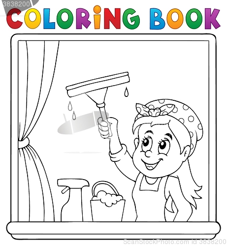 Image of Coloring book woman cleaning window