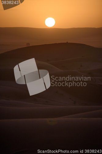 Image of Sunset over the dunes, Morocco, Sahara Desert