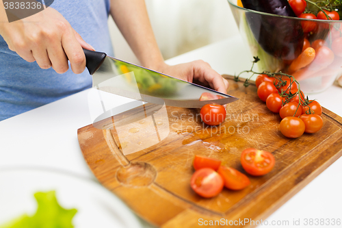 Image of close up of woman chopping tomatoes with knife