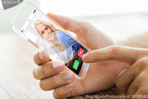 Image of close up of male hand with transparent smartphone