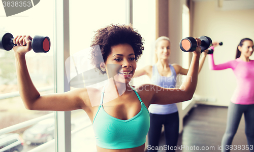 Image of group of happy women with dumbbells in gym